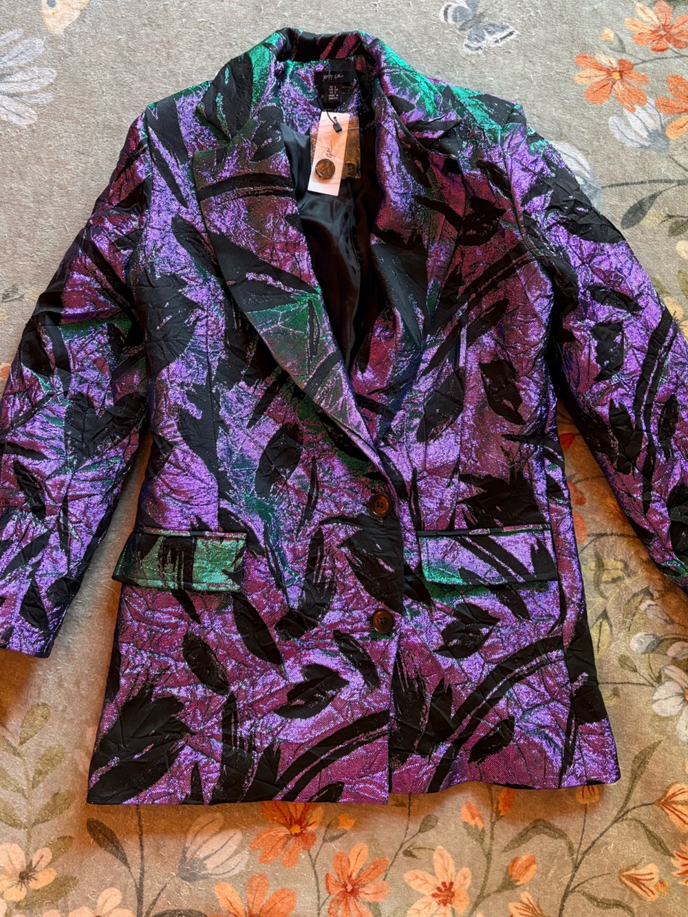 Nasty Gal Iridescent Purple & Green Leaf Jacquard Jacket